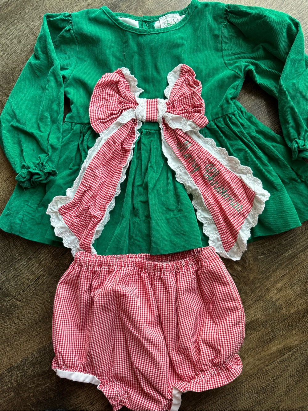 Green Corduroy set Red Gingham Bow and Bloomers